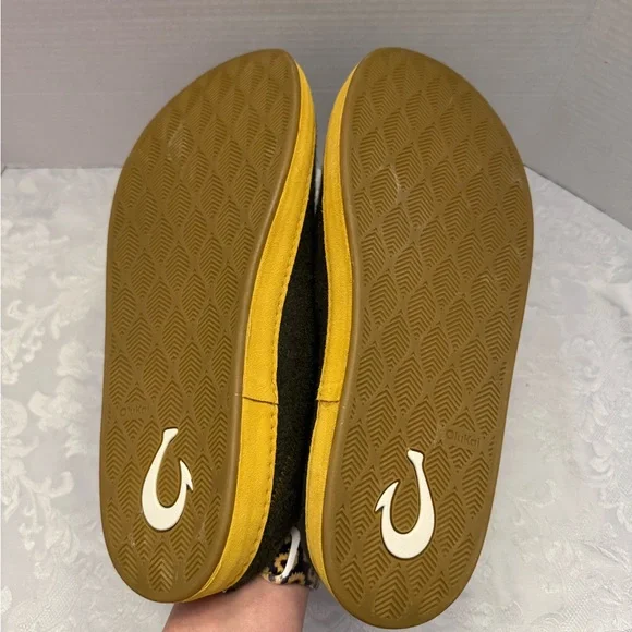 OluKai Men’s 11 Hamani Hulu Wool Slippers Dusty Olive Mustard Mule Shoe‎ Slip On